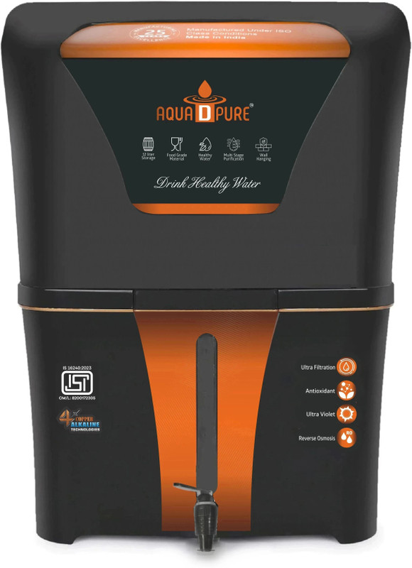 AquaDpure TDS Adjuster/Controller Water Filter for Home 12 L RO + UV + UF + Minerals + Copper Water Purifier(Black)