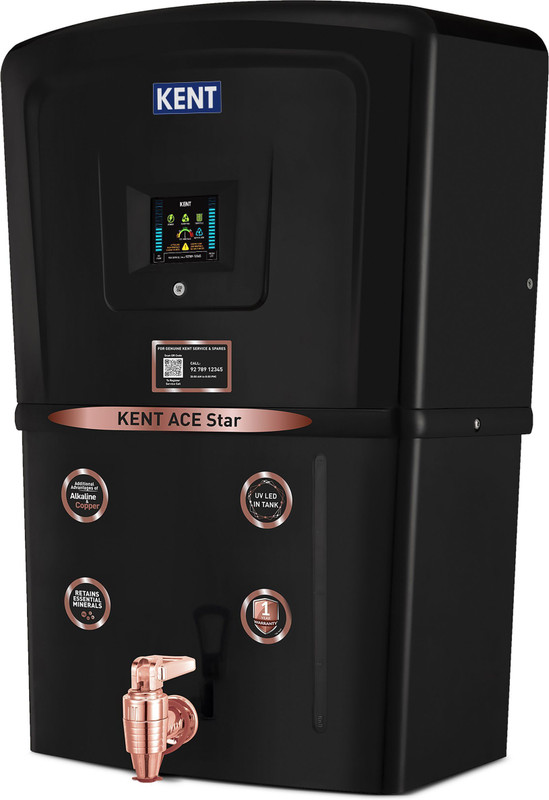 KENT Ace Star - B//111109B ACE Star 8 L RO + UV + UF + Alkaline + Copper + TDS Control + UV LED Water Purifier Advanced RO Tech for Sabse Shudh Paani Auto Flush8L20 LPH Ideal For Borewell/Tanker/Municipal Water(Black)