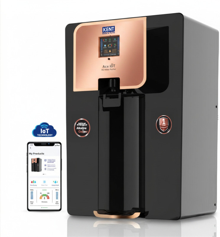 KENT ACE IoT 8 L RO + UV + UF + Copper + Alkaline + TDS Control Water Purifier IoT Enabled Digital Display Alkaline Water with pH 8-9.5 8L 20LP/Hr Ideal For Borewell/Tanker/Municipal Water(Soft Black)