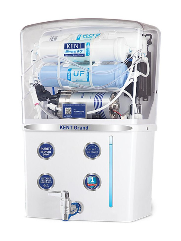 KENT Grand 8 L RO + UV + UF Water Purifier Advanced RO Tech for Sabse Shudh Paani 8L 20 LPH Suitable for all - Borewell, Tanker, Municipality Water � Largest Service Network(White)