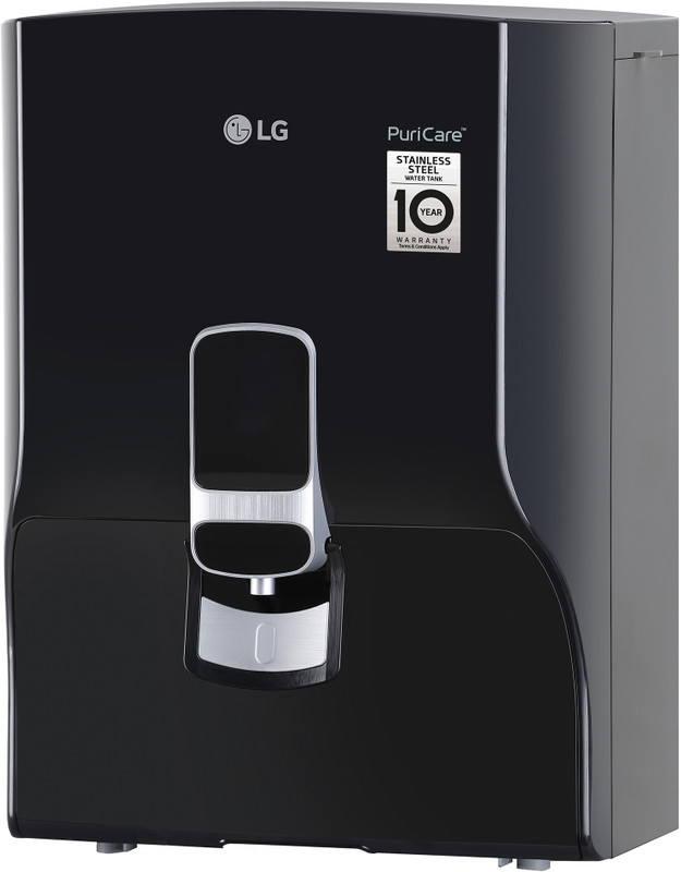 LG WW141NF 8 L RO + Mineral Booster Water Purifier Alkaline Balanced Water, Dual Protection Airtight stainless Steel Tank, Digital Sterilizing care, Wall Mount Installation, Multi Stage Filtration Process, Suitable for all - Bore well, Tanker, Municipality Water(Black)