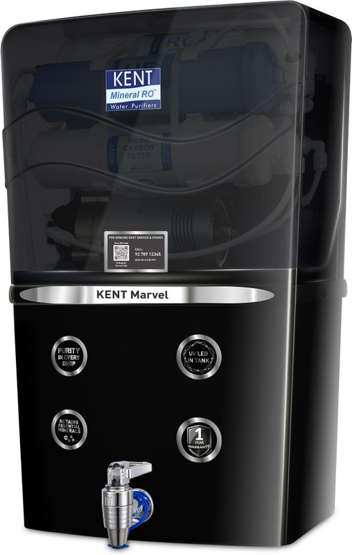 KENT Marvel 8 L RO + UF + TDS Control + UV LED Water Purifier Advanced RO Tech for Sabse Shudh Paani 8L 20LPH Flow Ideal for Borewell/Tanker/Municipal Water Largest Service Network(Black)