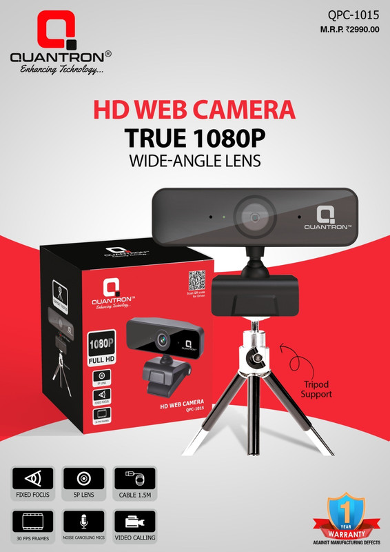 Quantron QPC -1015, HD WEB CAMERA TRUE 1080P WIDE - ANGLE LENS. 5 MP HD Webcam with Built-In Microphone with Night Vision USB Connectivity(Black)