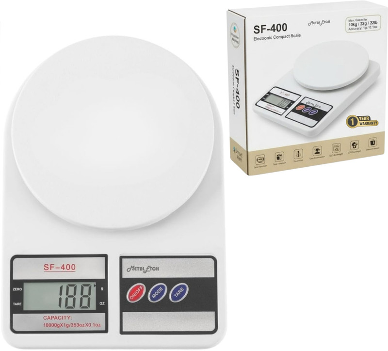 Metal Etch Digital Kitchen Weight Machine upto 10kg |LCD Display with 1 Year Warranty| Weighing Scale(Off White)