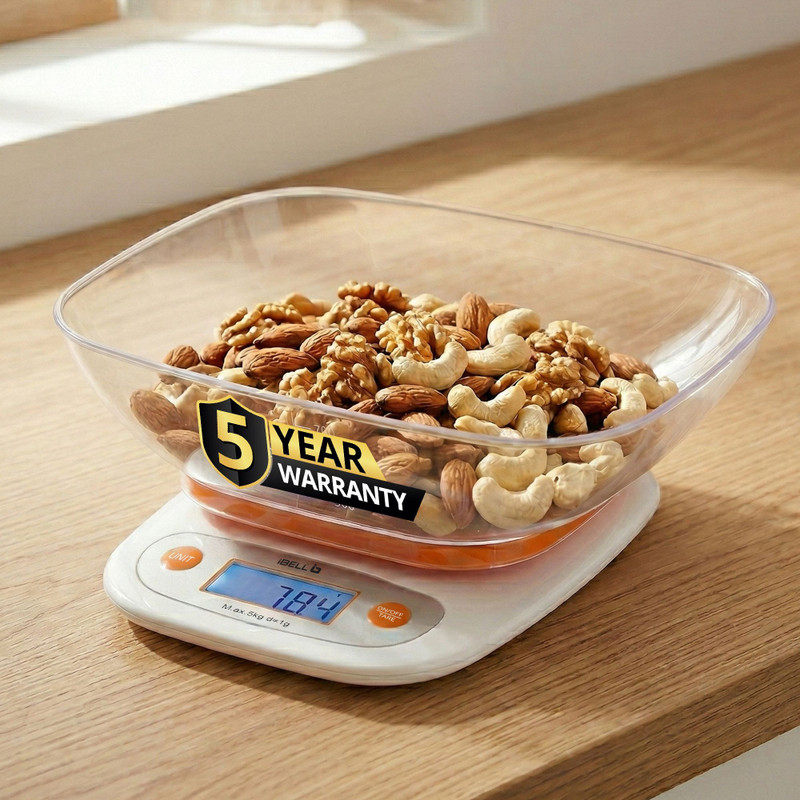 iBELL KS502M Food Weighing Scale, 5kg, Tare Function, LCD Display, Portable Kitchen Weighing Scale(White)