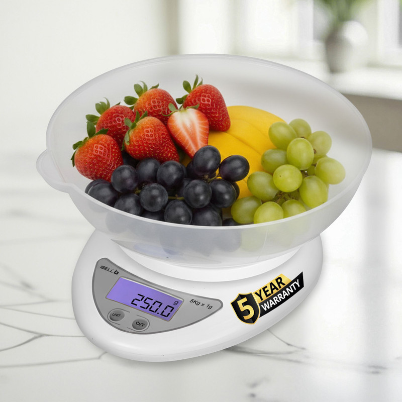 iBELL KS501M Food Weighing Scale, 5kg, Tare Function, LCD Display, Portable Kitchen Weighing Scale(White)