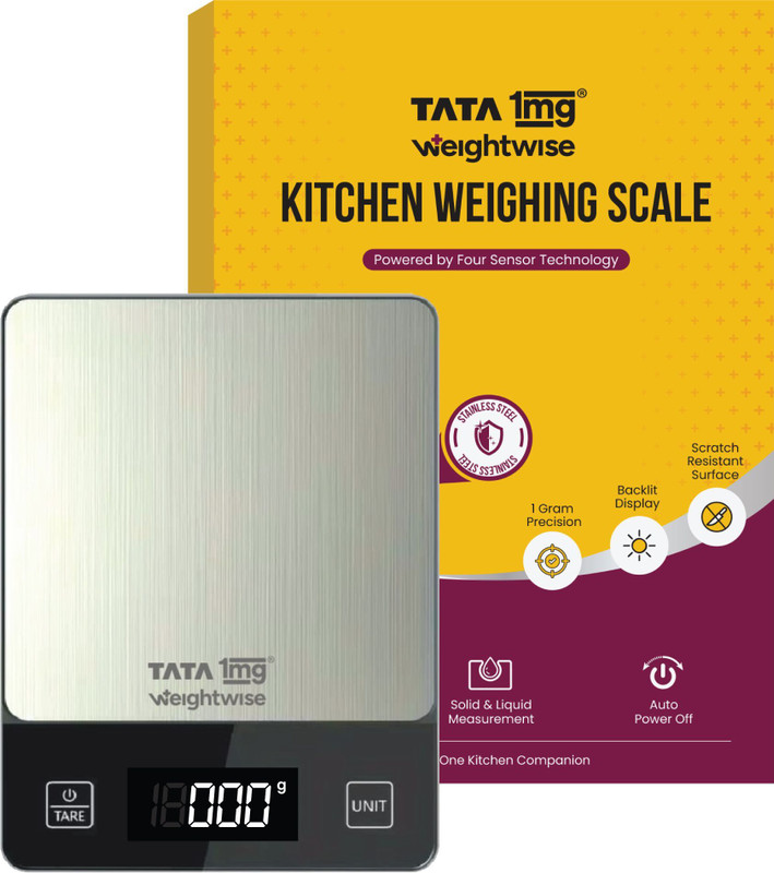 TATA 1mg Weightwise Kitchen Weighing Scale | Precision 1 g Weighing, Stainless Steel Top Weighing Scale(Black)