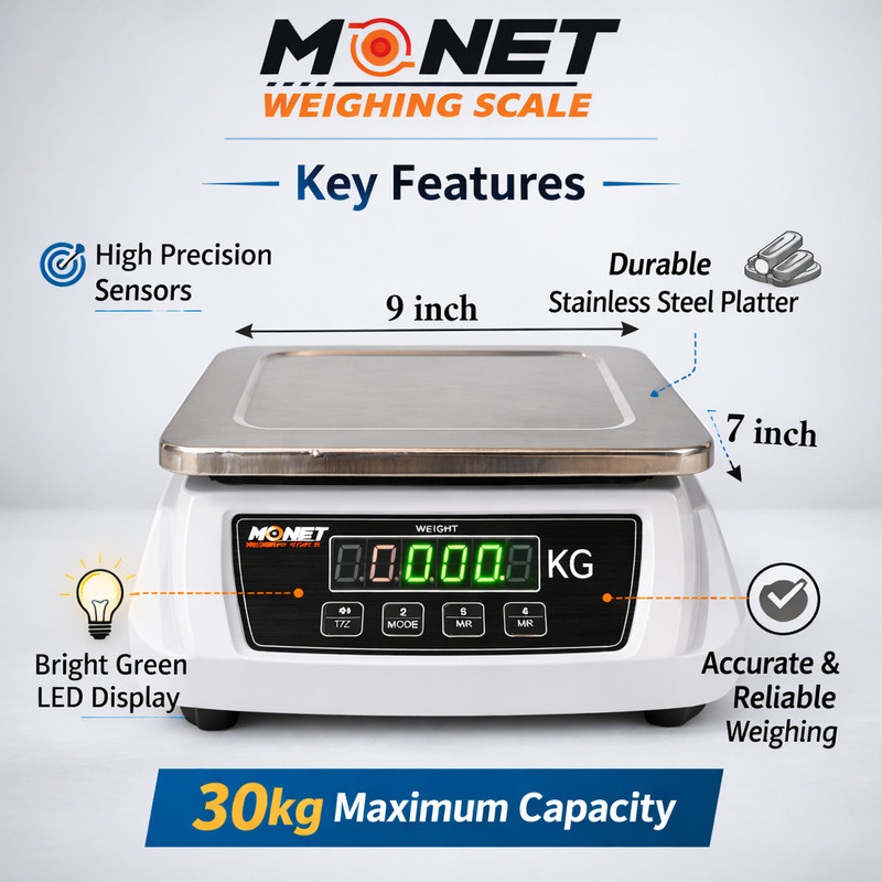 monet 30KG 2 Days Battery Backup; Green Display Weighing Scale(Silver)