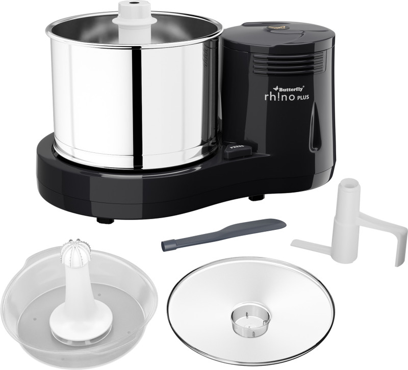 Butterfly Rhino Plus Wet Grinder Shockproof ABS Body | Coconut Scrapper Attachment | Dough Kneader | Stainless Steel Drum | 2 Years Manufacturer's Warranty | Grey(Grey)