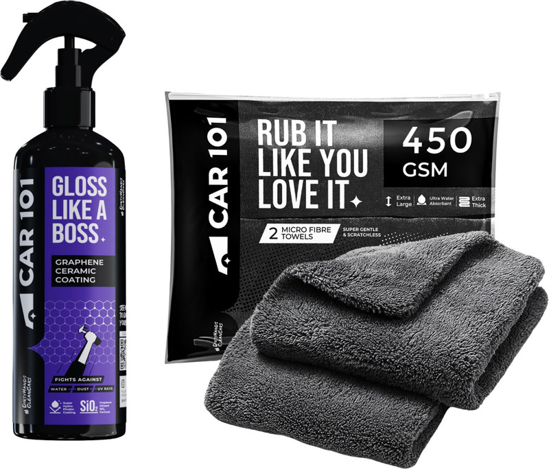 Car 101 Graphene Ceramic Coating + 2 Premium Microfiber Cleaning Cloths(450 GSM,40x40cm) 300 ml Wheel Tire Cleaner(Pack of 2)