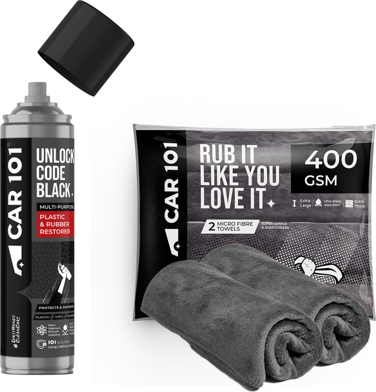 Car 101 Microfiber Cleaning Cloth 400 GSM (Pack Of 2) + Tyre & Trim Restorer 250 ml Wheel Tire Cleaner(Pack of 1)