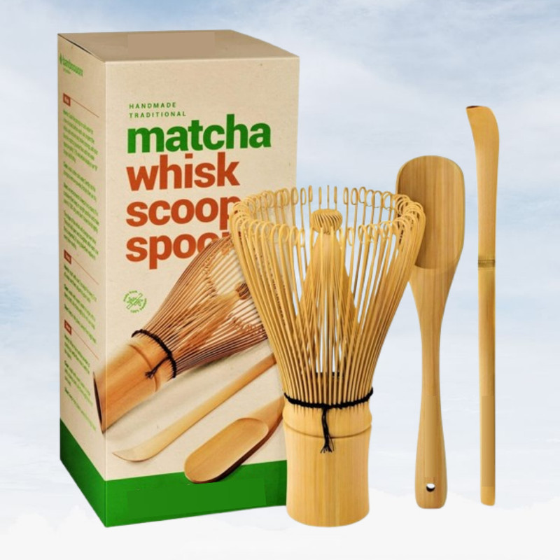 Sueriv Fine Tine Bamboo Whisk with Matching Scoop and Tea Spoon Bamboo Coil Whisk