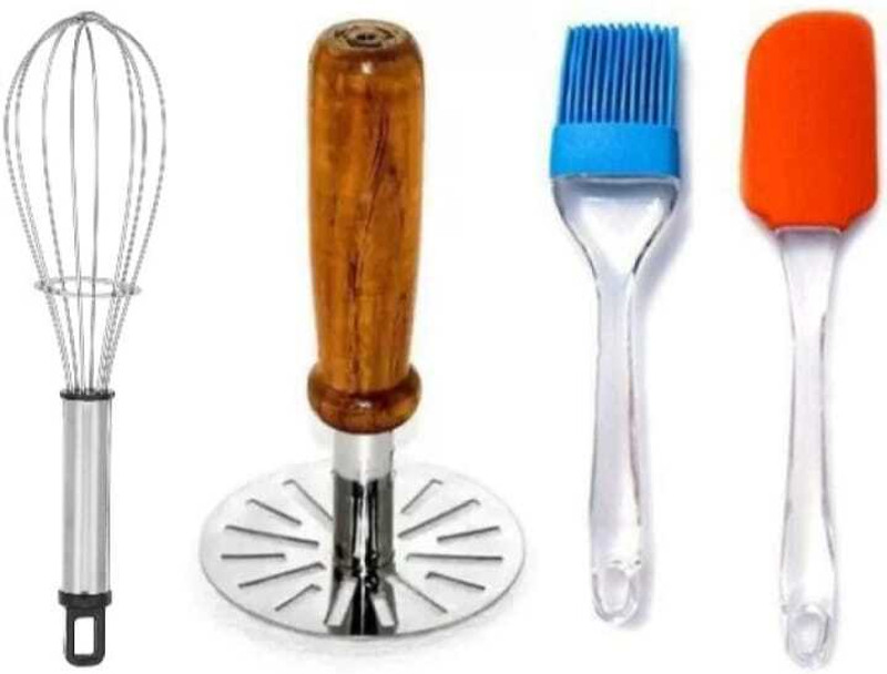 THE SF Balloon Whisk, Wooden Masher, Spatula and Brush Combo Stainless Steel Spiral Whisk(Pack of 4)