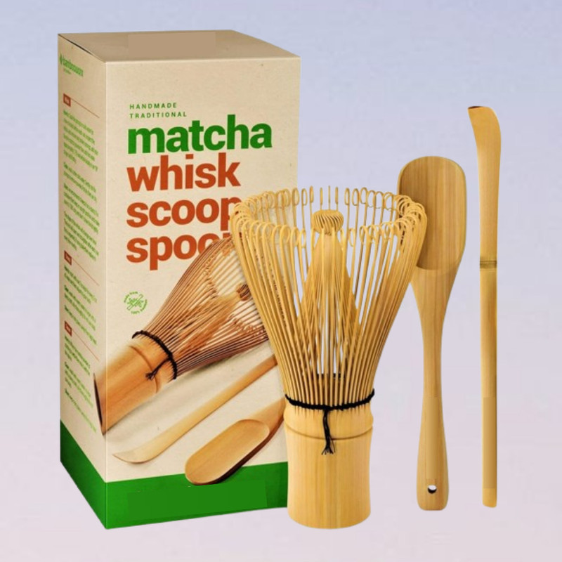 YJENTERPRISE Green Tea Matcha Whisk Set with Bamboo Measuring Scoop and Spoon Bamboo Coil Whisk