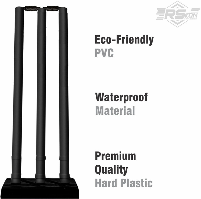 RSKON Full Size Plastic Cricket Wickets Set | 3 Stumps with Base & 2 Bails |(Black)