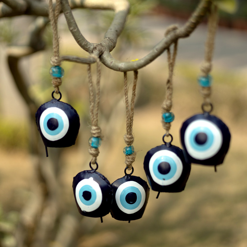 DULI Packof5 Handcrafted Evil Eye Bells with Rope Hanging, Nazar Suraksha Decor Bells Mountable Cowbell(Jute, Cast Iron)