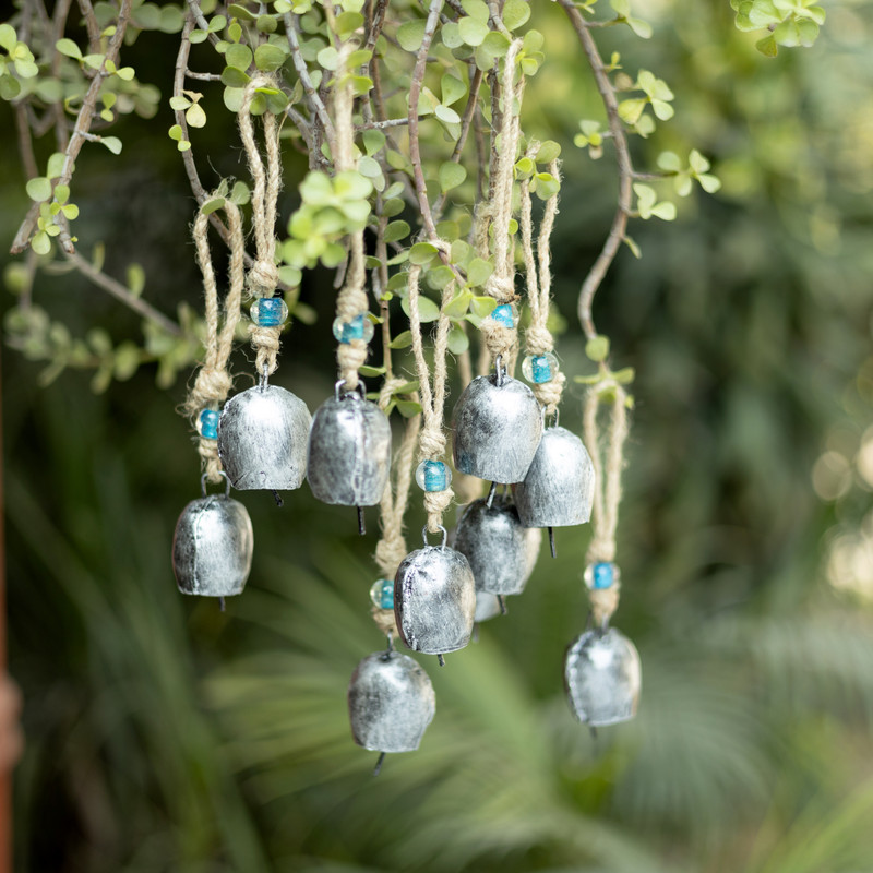 DULI Packof10 Handcrafted Silver Finish Metal Bells with Blue Beads Decorative Bells Handheld Cowbell(Silver, Jute)