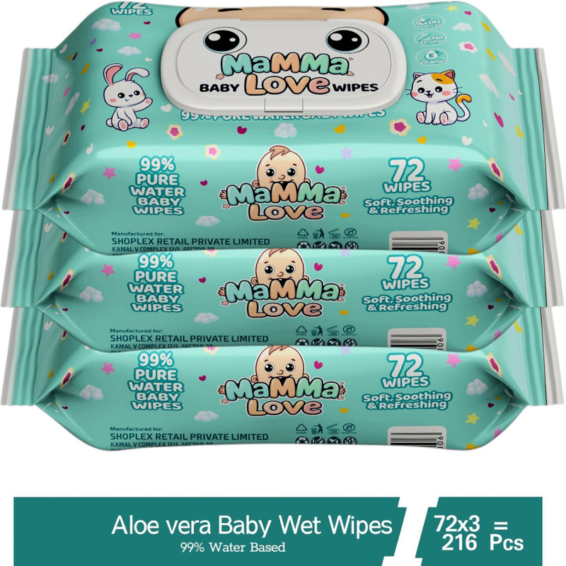 Mamma Love 99% Pure Water Baby Wet Wipes with Lid | Pack of 3 | 72 pcs/pack |..(216 Wipes)