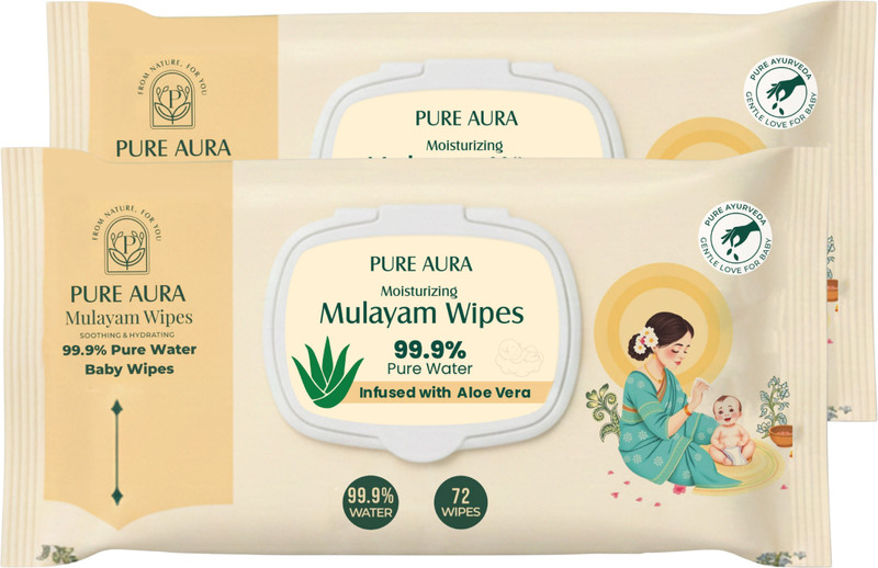 Pure Aura Baby Mulayam Wipes 99.99% Pure Water | Pack of 2 (144 Wipes)(2 Wipes)