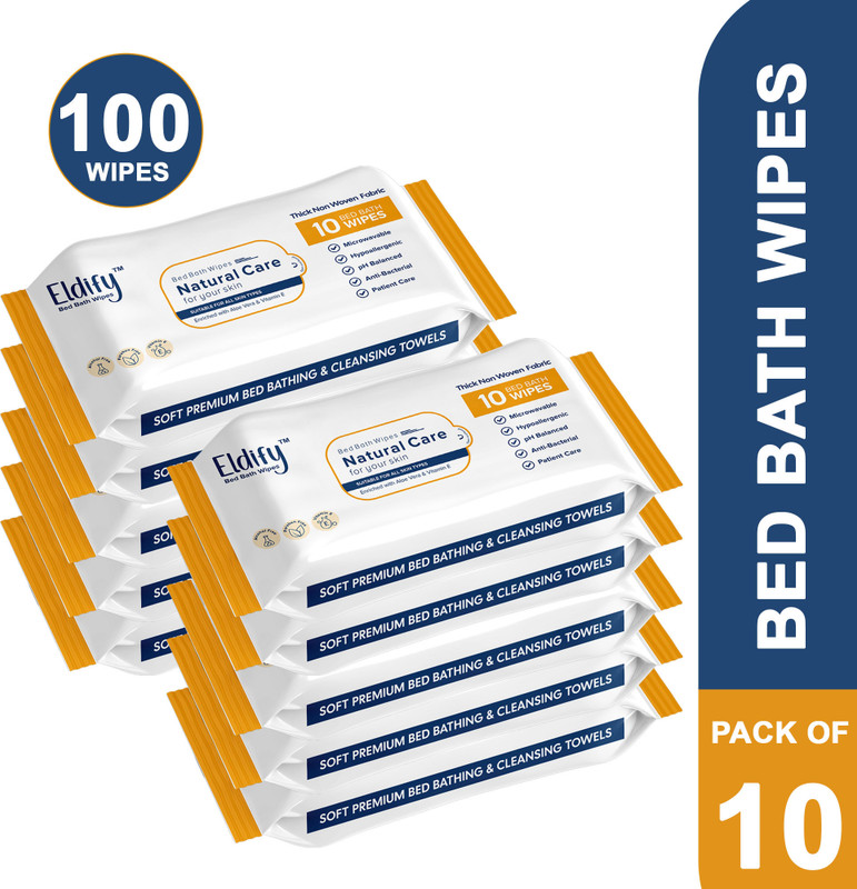 ELDIFY Body Cleansing Wet Bed Bath Wipes Soft & Gentle for Adults & Patients Pack of 10(100 Wipes)