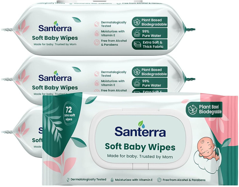 Santerra Soft Baby Wipes For Newborn Infant Skincare Plant-based Alcohol-free Pack Of 4(288 Wipes)