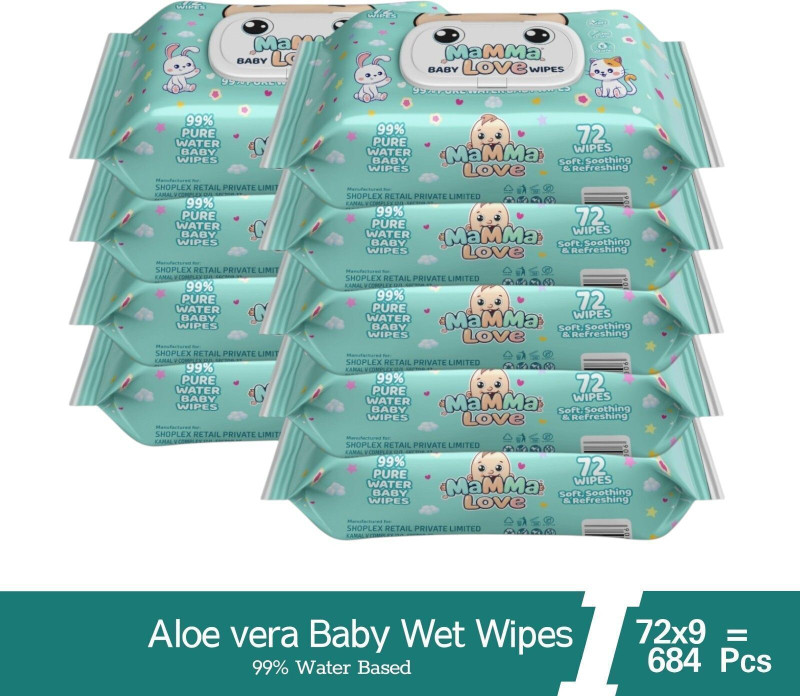 Mamma Love 99% Pure Water Baby Wet Wipes with Lid | Pack of 9 | 72 pcs/pack |(648 Wipes)