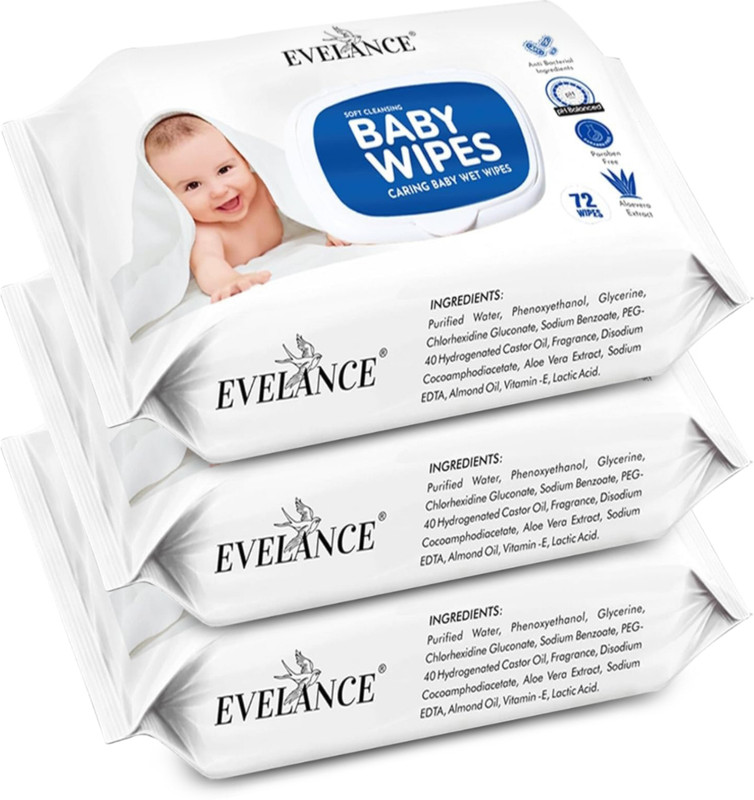 EVELANCE Caring Baby Wet Wipes with lid & Aloe Vera Extract| 72 Pieces|Pack Of 3(216 Wipes)