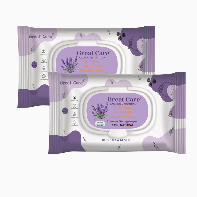 Great Care French Lavender Refreshing Facial Wet Wipes-50 pulls|Cooling Hydrating(2 Wipes)