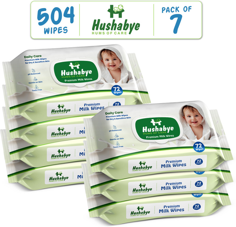 Hushabye Sensitive Skin Baby Wipes with Milk Extract, pH Balanced, Pack of 7(504 Wipes)