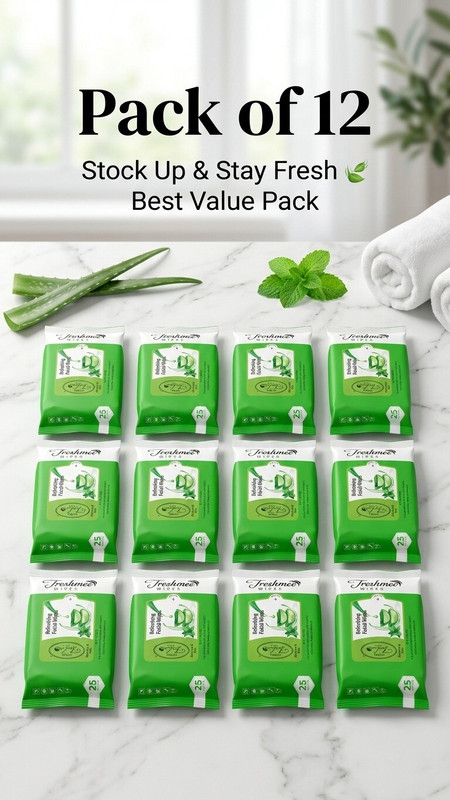 Freshmee Aloe Vera & Mint Facial Wipes 12XPack | Deep Cleansing, Oil Control & Hydration(300 Wipes)