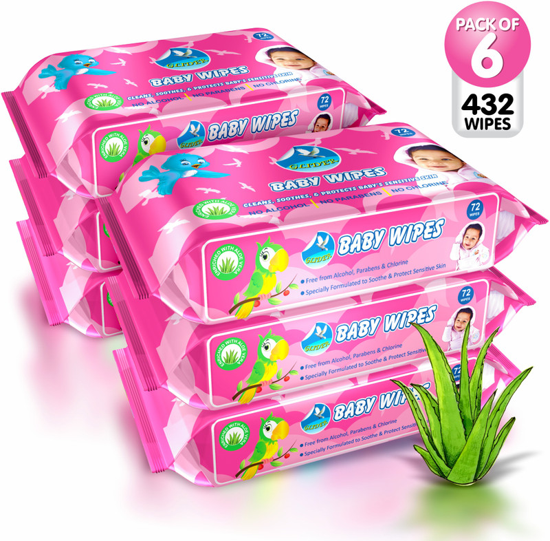 GLIDER Baby Wipes | Soft & Gentle | Aloe Vera & Vitamin E (Pack of 6) 432 Wipes(6 Wipes)