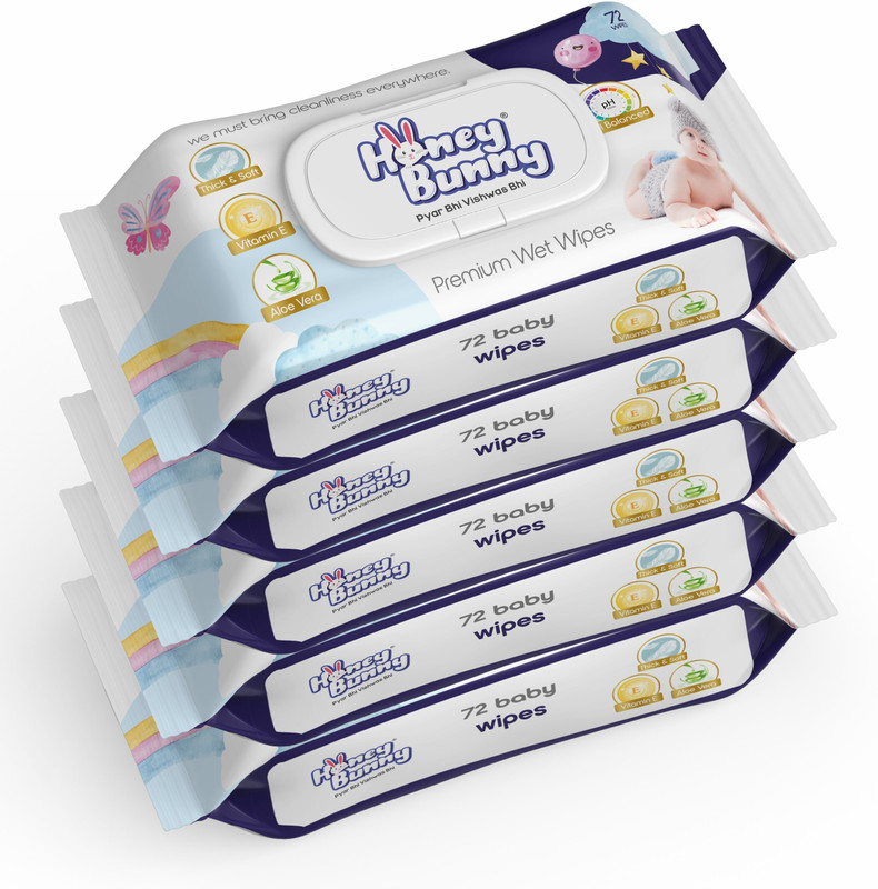 HONEY BUNNY Premium Wet wipes with aloe vera & Vitamin E (360 Wipes) Pack of 5(360 Wipes)