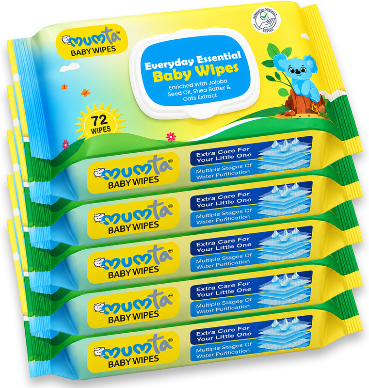 Mumta Baby Wipes with Aloe Vera, Jojoba Oil, Vitamin E | Wet Wipe Pack of 5 With Lid(360 Wipes)
