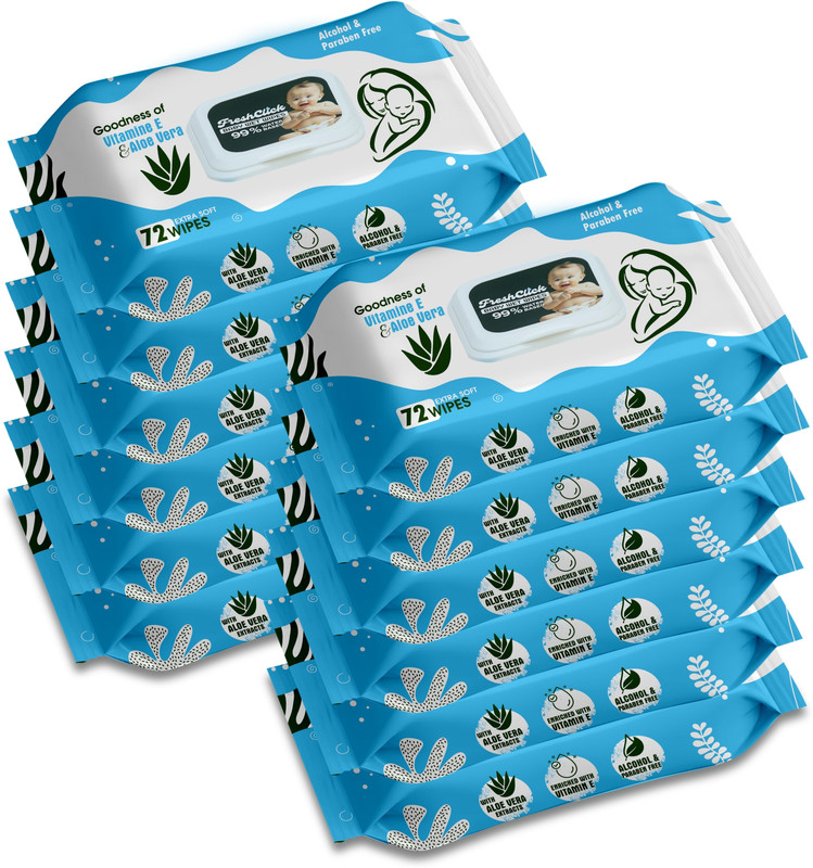 FRESHCLICK Baby Wet Wipes 72 Sheets (Pack of 12) | 99% Pure Water | Aloe Vera & Vitamin E(864 Wipes)
