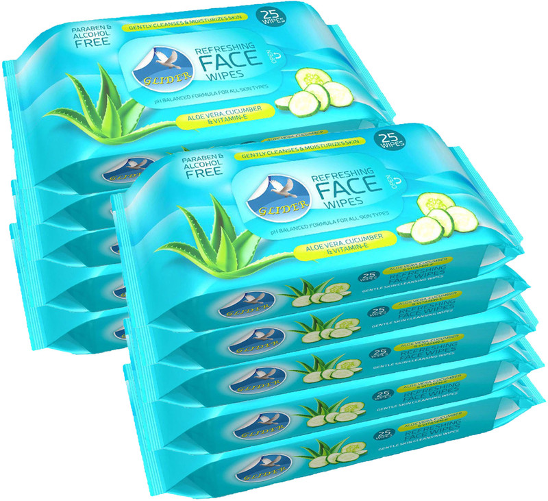 GLIDER Face Wipes | Moisturising Wipes with Cucumber,Aloe-Vera & Vitamin E |(Pack of 10(250 Wipes)
