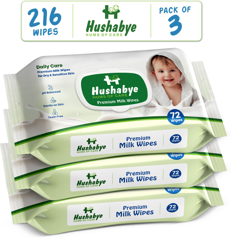 Hushabye Nourishing Baby Wipes with Milk Protein & Vitamin E, pH Balanced, Pack of 3(216 Wipes)