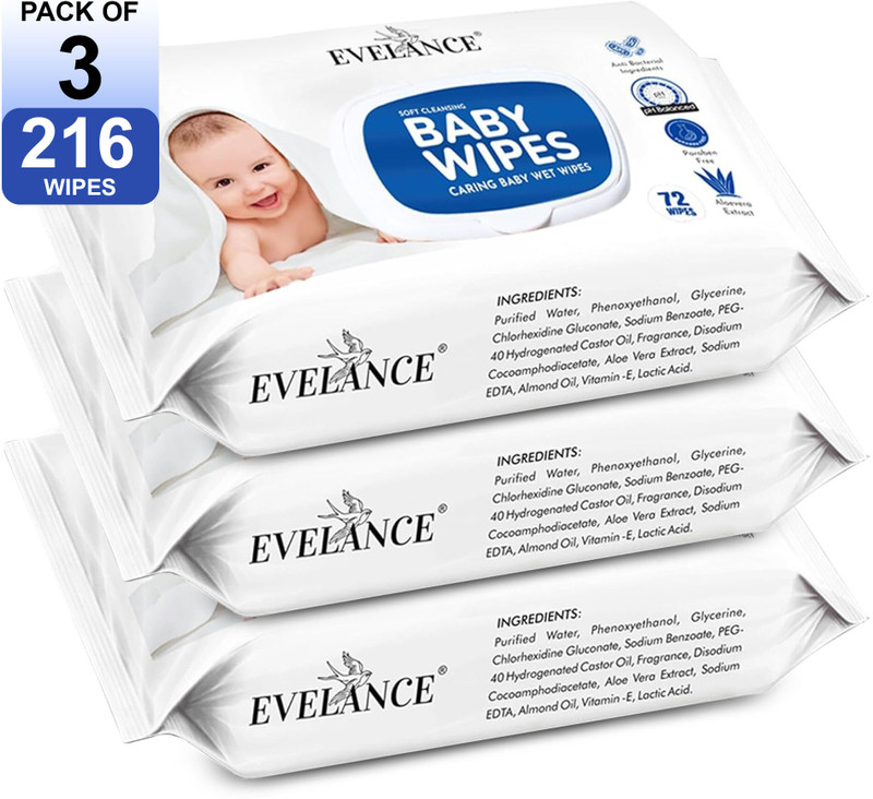 EVELANCE Soft Cleansing Baby Wipes with Aloe Vera, and Vitamin E(216 Wipes)