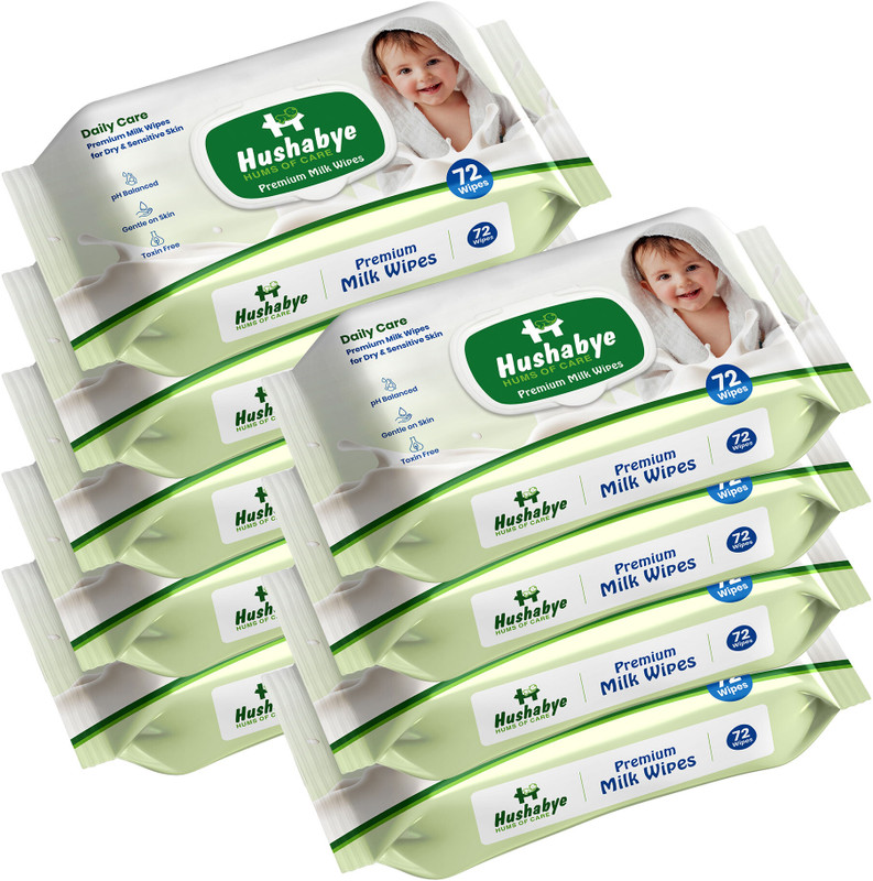 Hushabye Premium Milk Cleansing Baby Wipes With Lid, Vitamin E, pH Balanced, Pack of 9(648 Wipes)