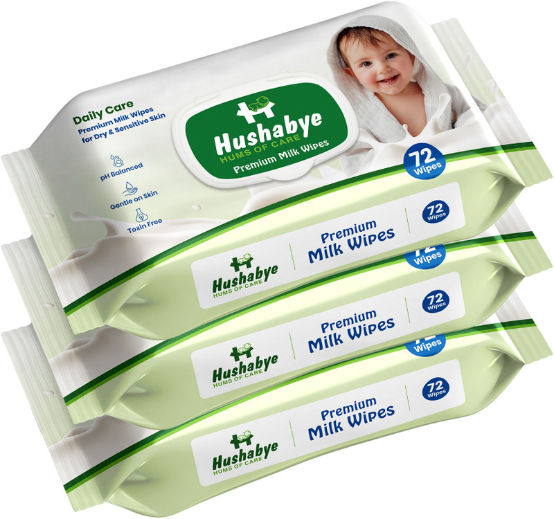 Hushabye Premium Milk Cleansing Baby Wipes With Lid, Vitamin E, pH Balanced, Pack of 3(216 Wipes)