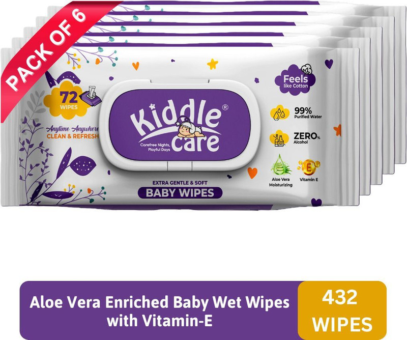 Kiddle Care Extra Gentle & Soft Baby Wipes with Lid | Aloe-Vera and Vitamin E (Pack of 6)(432 Wipes)