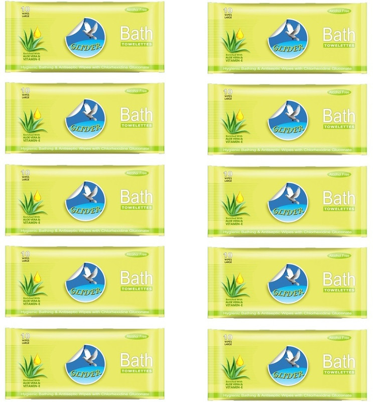 GLIDER Bed Bath Wipes, Large Wipes, Anti Bacterial, Cleansing Towels ( Pack of 10(100 Wipes)