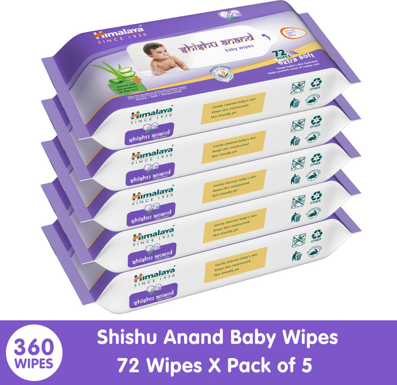 HIMALAYA Shishu Anand Baby Wipes, 72 Wipes - Pack of 5 | Buy 4 Get 1 FREE(5 Wipes)