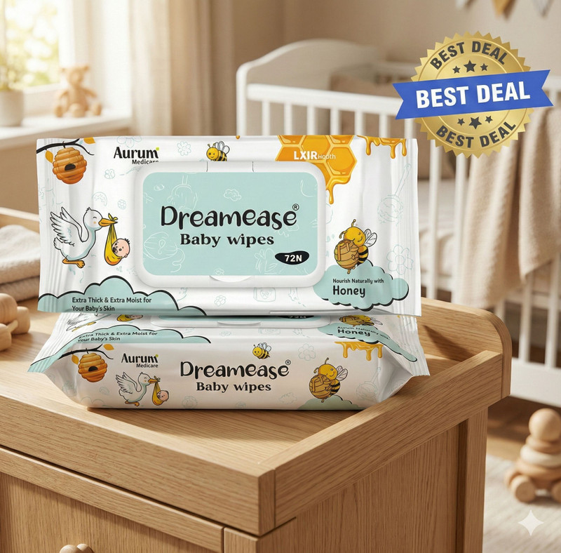 Dreamease Baby wipes with honey with Lid Type pack of 72*2(2 Wipes)