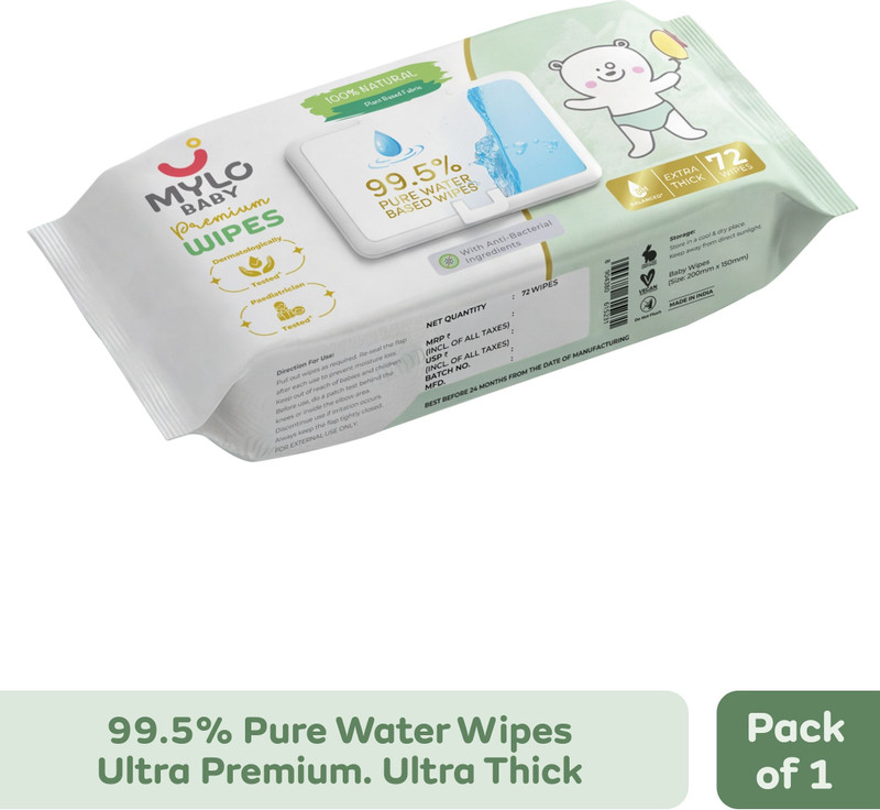 MYLO Baby 99.5% Pure Water Wipes, Extra-Thick, 100% Plant-Powered & Safe for Newborns(72 Wipes)