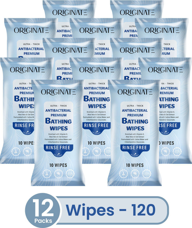 ORIGINATE Bathing Wipes|Eliminates Germs|Antibacterial|ForAdults|Travel Friendly|Pack of12(120 Wipes)
