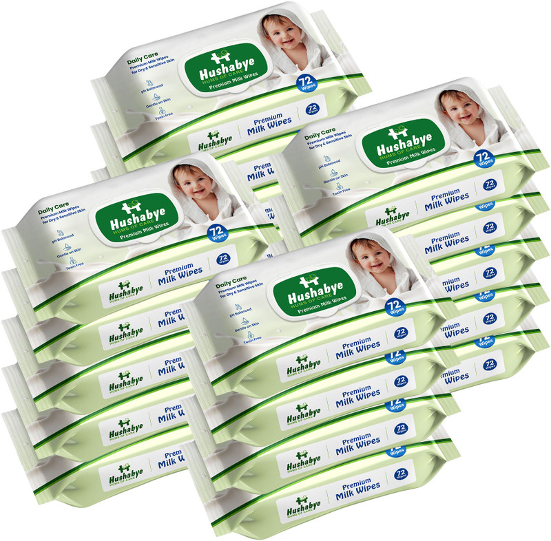 Hushabye Premium Milk Cleansing Baby Wipes With Lid, Vitamin E, pH Balanced,Pack of 18(1296 Wipes)