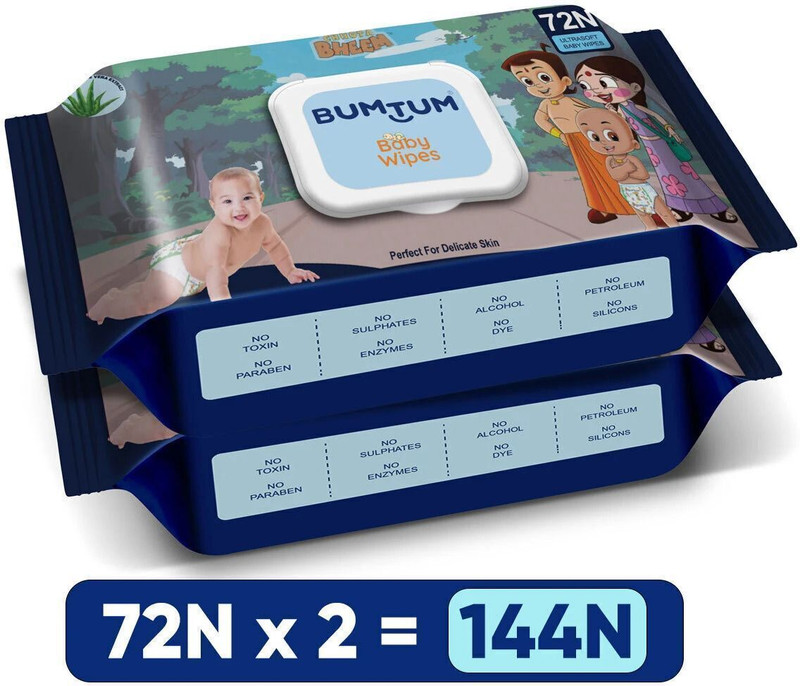 BUMTUM Baby Chota Bheem Gentle Wet Wipes With Lid | Aloe Vera & Chamomile Extracts(144 Wipes)