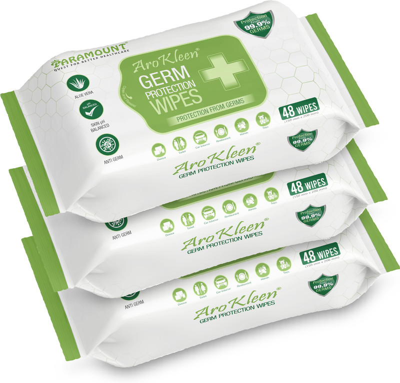 ARO KLEEN Germ Protection Wipes, Disinfectant Wet Wipes for Skin & Surfaces (Pack of 3)(144 Wipes)