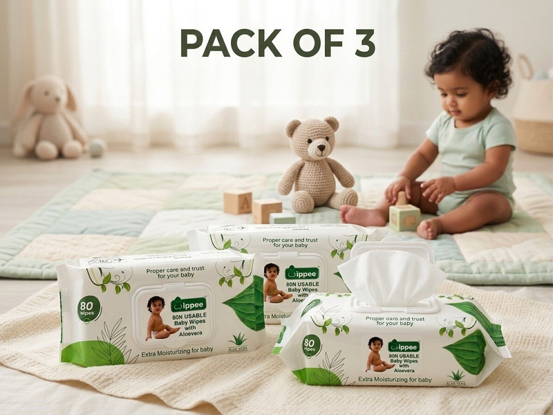 Wippee Baby Wet Wipes with Aloe Vera | 80 Wipes Each | Pack of 3 | Flip-Top Lid(240 Wipes)