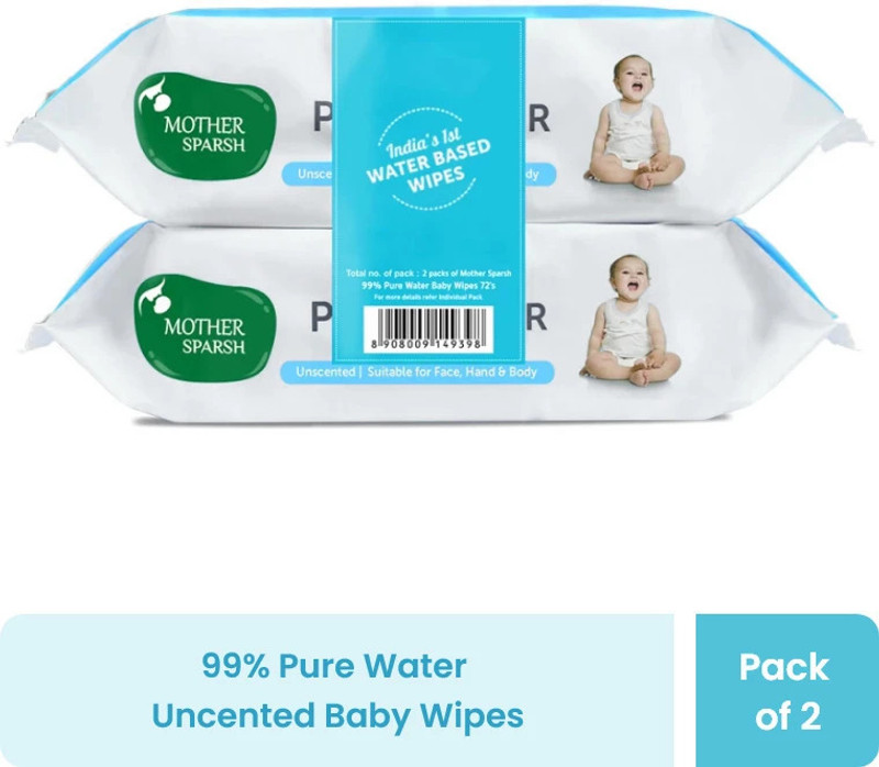 Mother Sparsh 99% Pure Water Based Baby Wipes (Unscented) - Natural Plant made cloth - Super Thick Fabric ,72 Wipes Each , Pack of 2(144 Wipes)